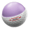 Golfball mit lila-weißer Farbgebung und Trufeel-Branding, detailliert dargestellt