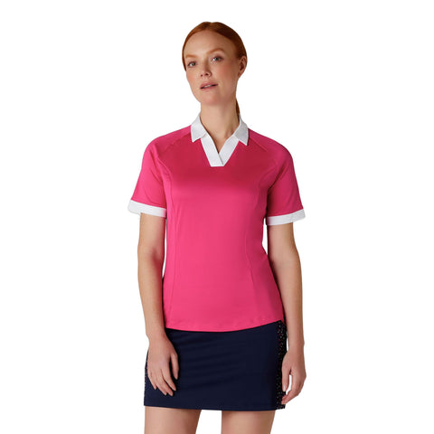 Short Sleeve V-Placket Colorblock Shirt Damen