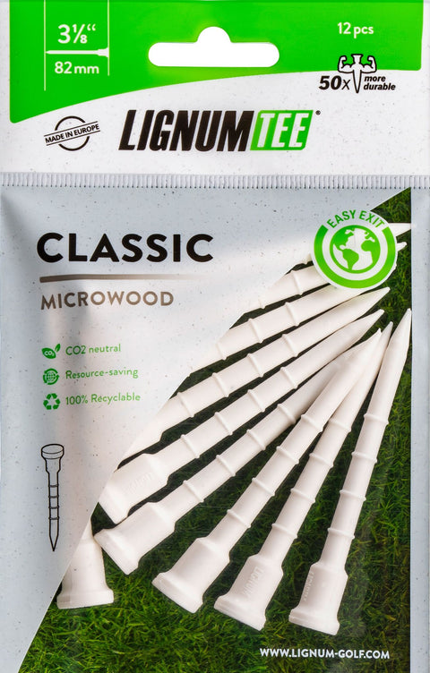 LIGNUM TEE Classic Microwood Golfabschläge 3 1/8 Zoll (82mm) - 12er Pack in Packung auf grünem Golfplatz-Rasen
