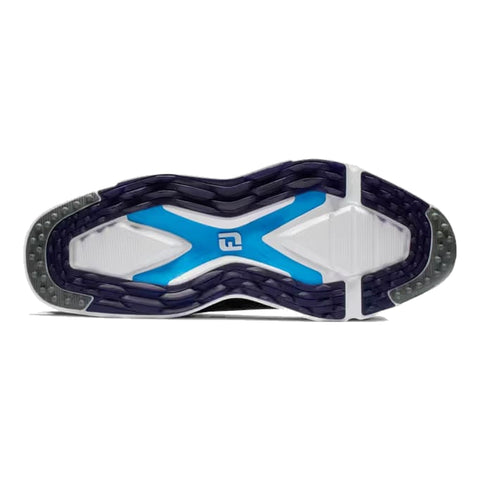 Detailaufnahme der Sohle eines Golfschuhs mit blau-weißem FootJoy-Design