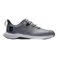 Grauer und schwarzer Golfschuh von FootJoy mit weißer Sohle, Seitenansicht auf weißem Hintergrund