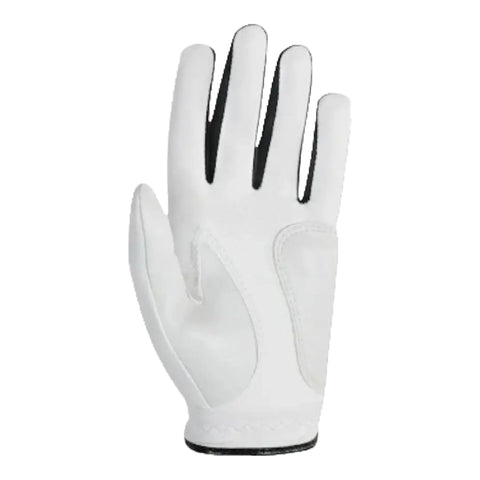 Ein weißer Golfhandschuh mit schwarzen Akzenten und Nahtdetails