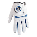 Weißer und blauer Golfhandschuh der Marke FootJoy mit FJ-Logo