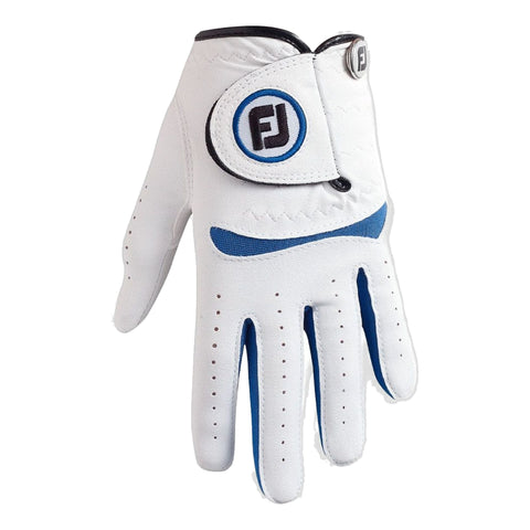 Weißer und blauer Golfhandschuh der Marke FootJoy mit FJ-Logo