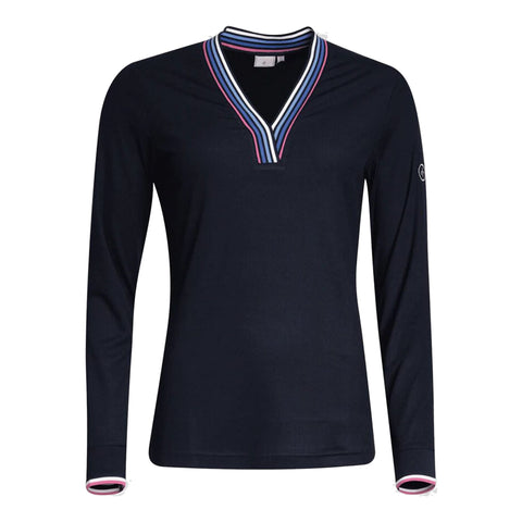 W Polo LS Stripe Navy Damen