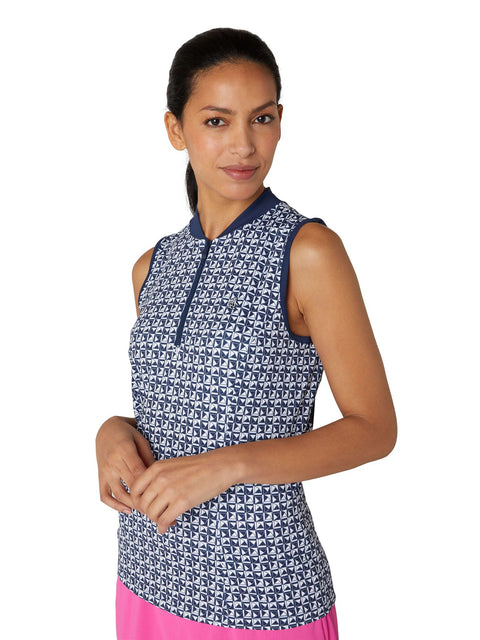 Sleeveless Geo Printed Meshback Polo Damen